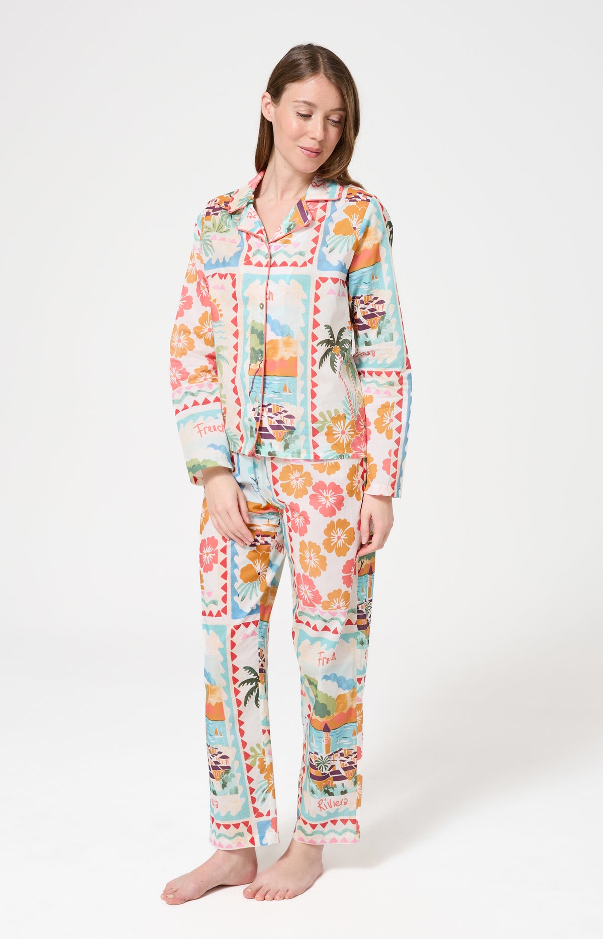 Pyjama Femme French Riviera Manches longues Imprimé carte postale et fleurs multicolores 1