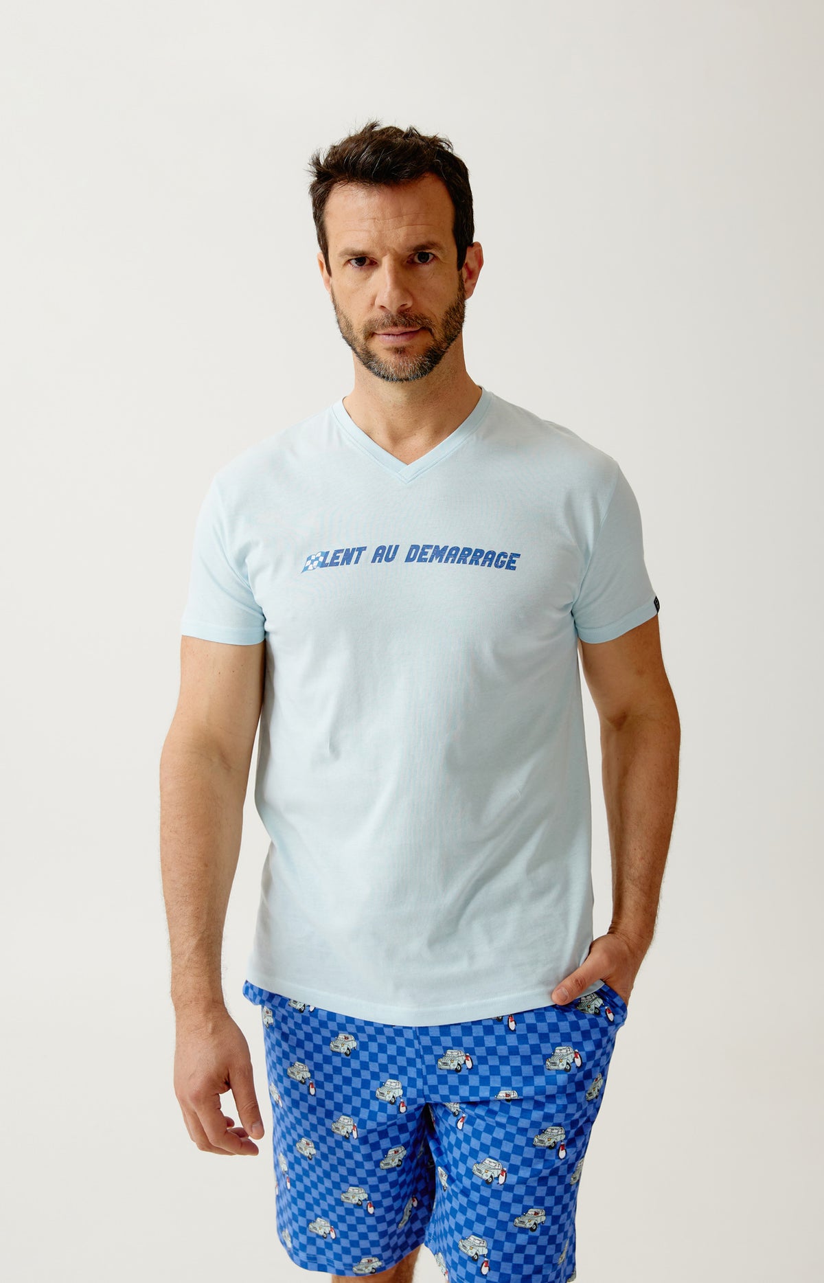 Pyjashort en jersey de coton léger Homme Lent au démarrage bleu 5
