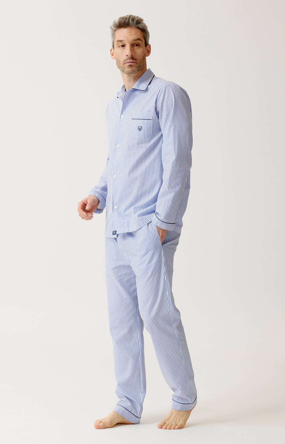 Pyjama boutonné en popeline de coton Homme Rayure Bleue bleu 5