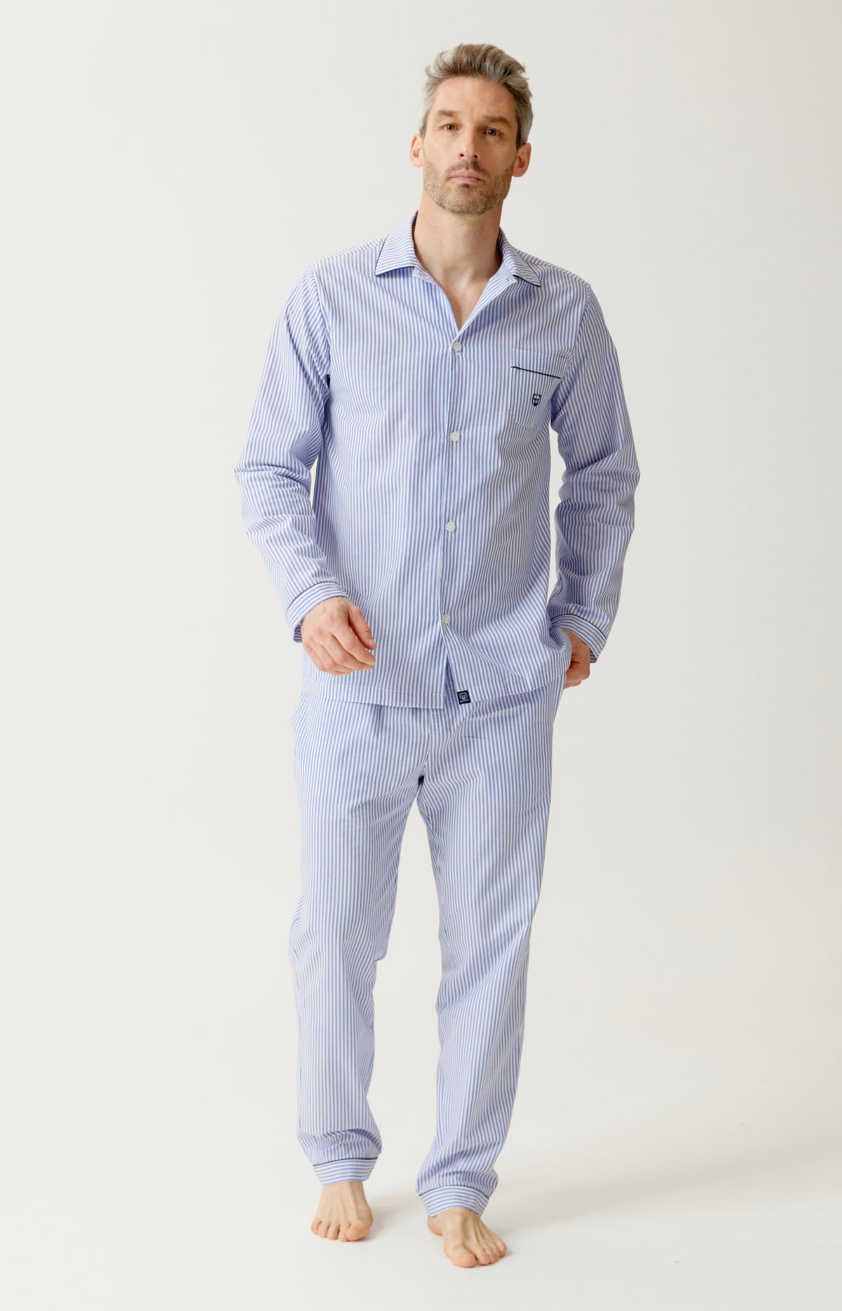 Pyjama boutonné en popeline de coton Homme Rayure Bleue bleu 7