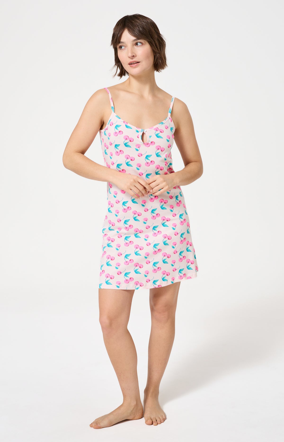 Chemise de nuit Femme Amarena Bretelles fines Imprimé cerise rose et verte 1