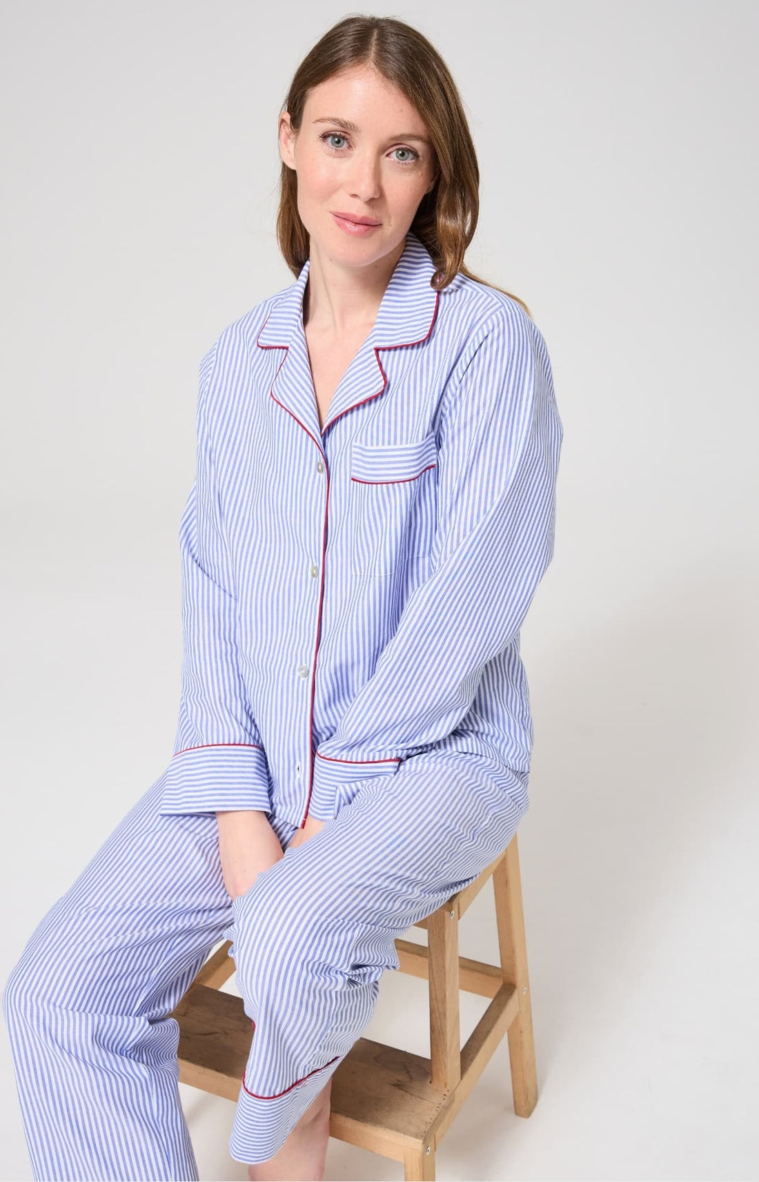 Pyjama boutonné en popeline de coton Femme à rayures bleu 1