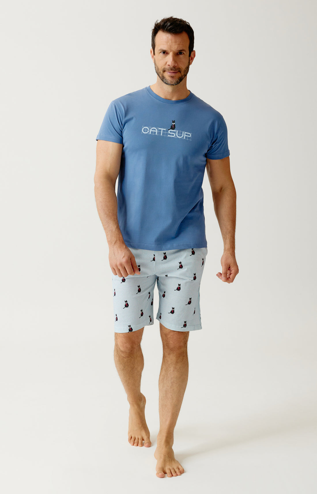 Pyjashort en jersey de coton léger Homme Cat sup ciel 1