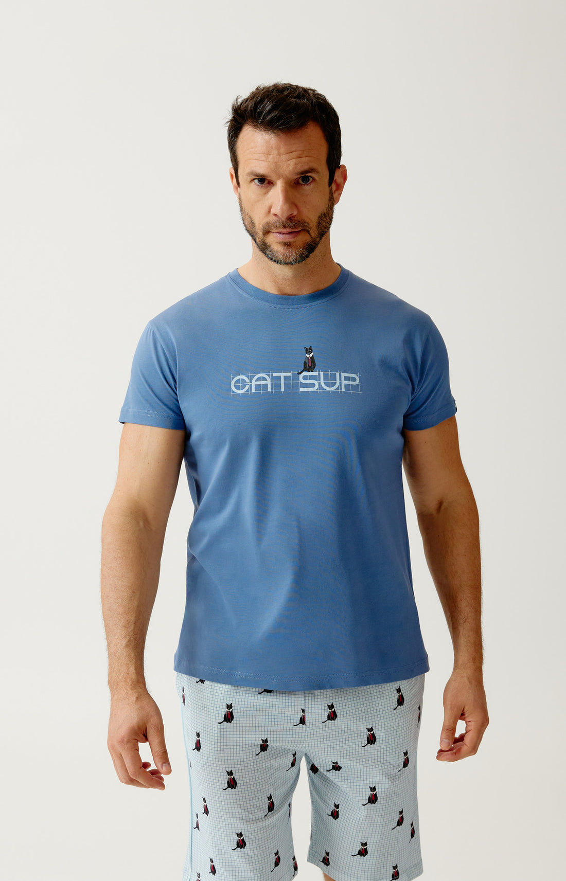 Pyjashort en jersey de coton léger Homme Cat sup ciel 2