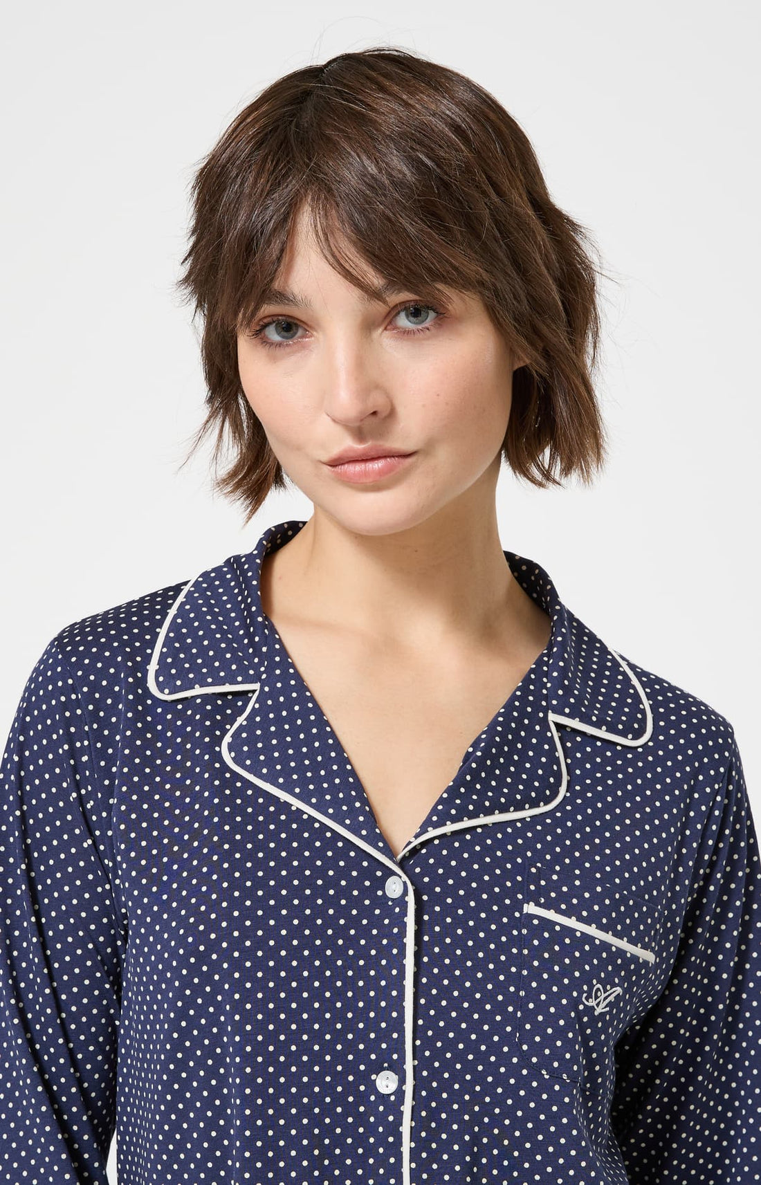 Pyjama boutonné en lyocell et coton Femme à pois marine 2