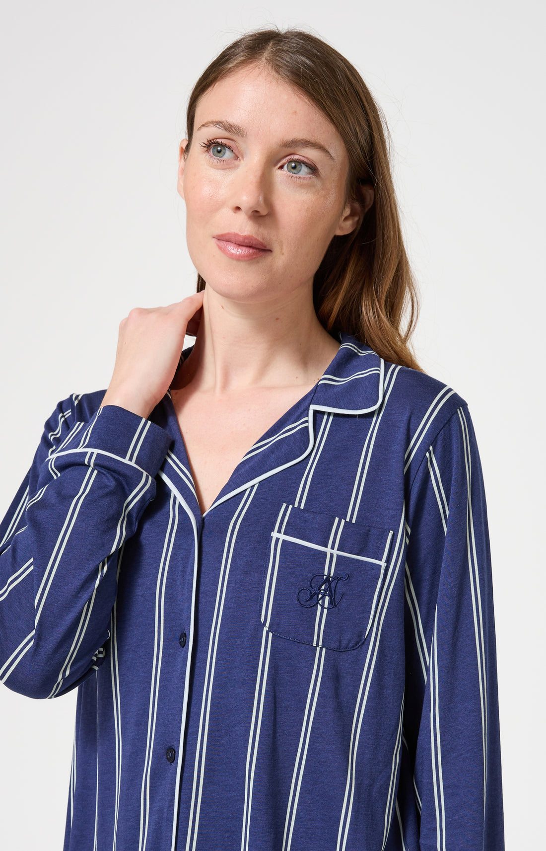 Pyjama boutonné en lyocell et coton Femme Rayé marine 2