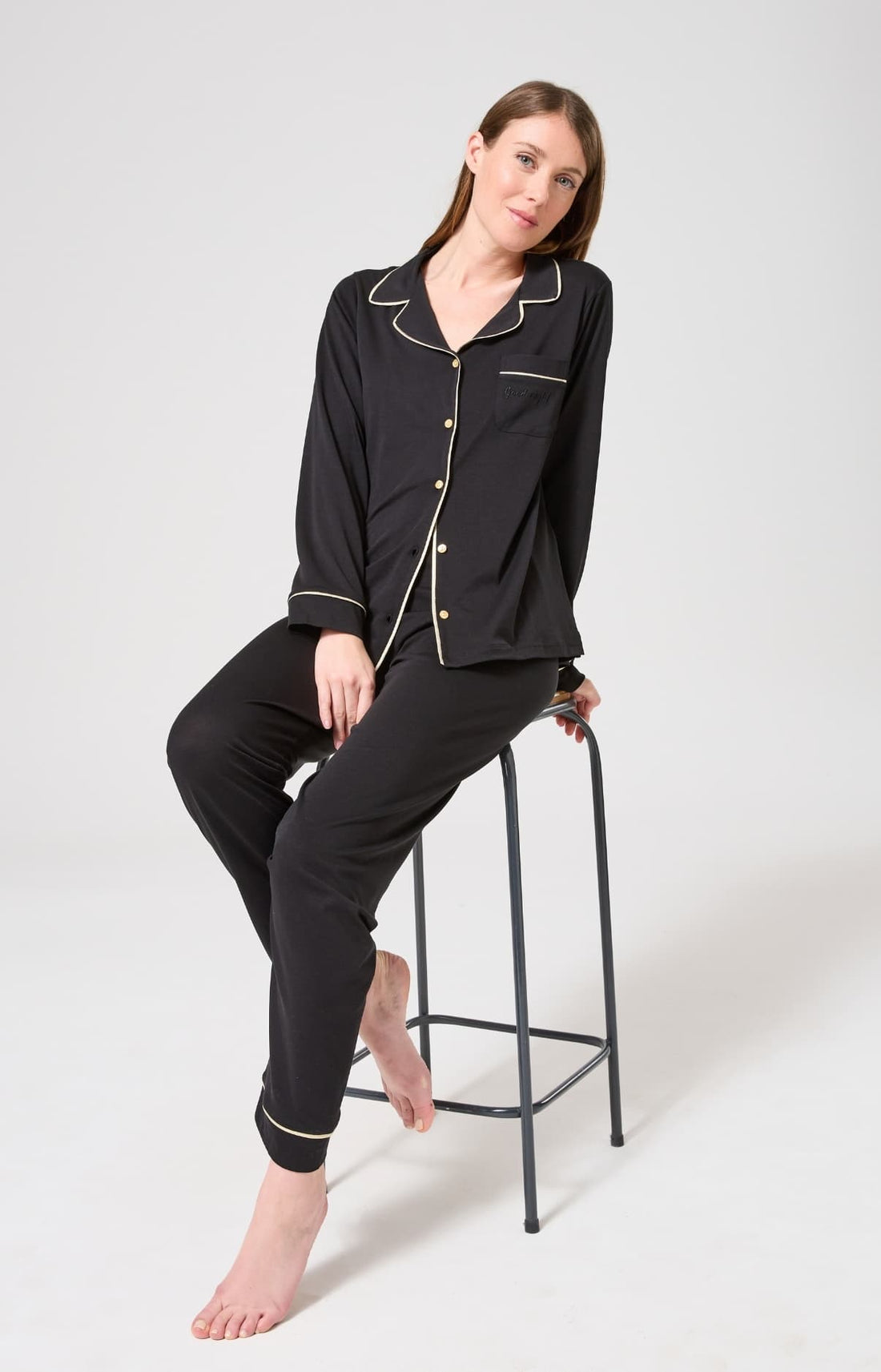 Pyjama boutonné en lyocell et coton Femme Uni noir 1