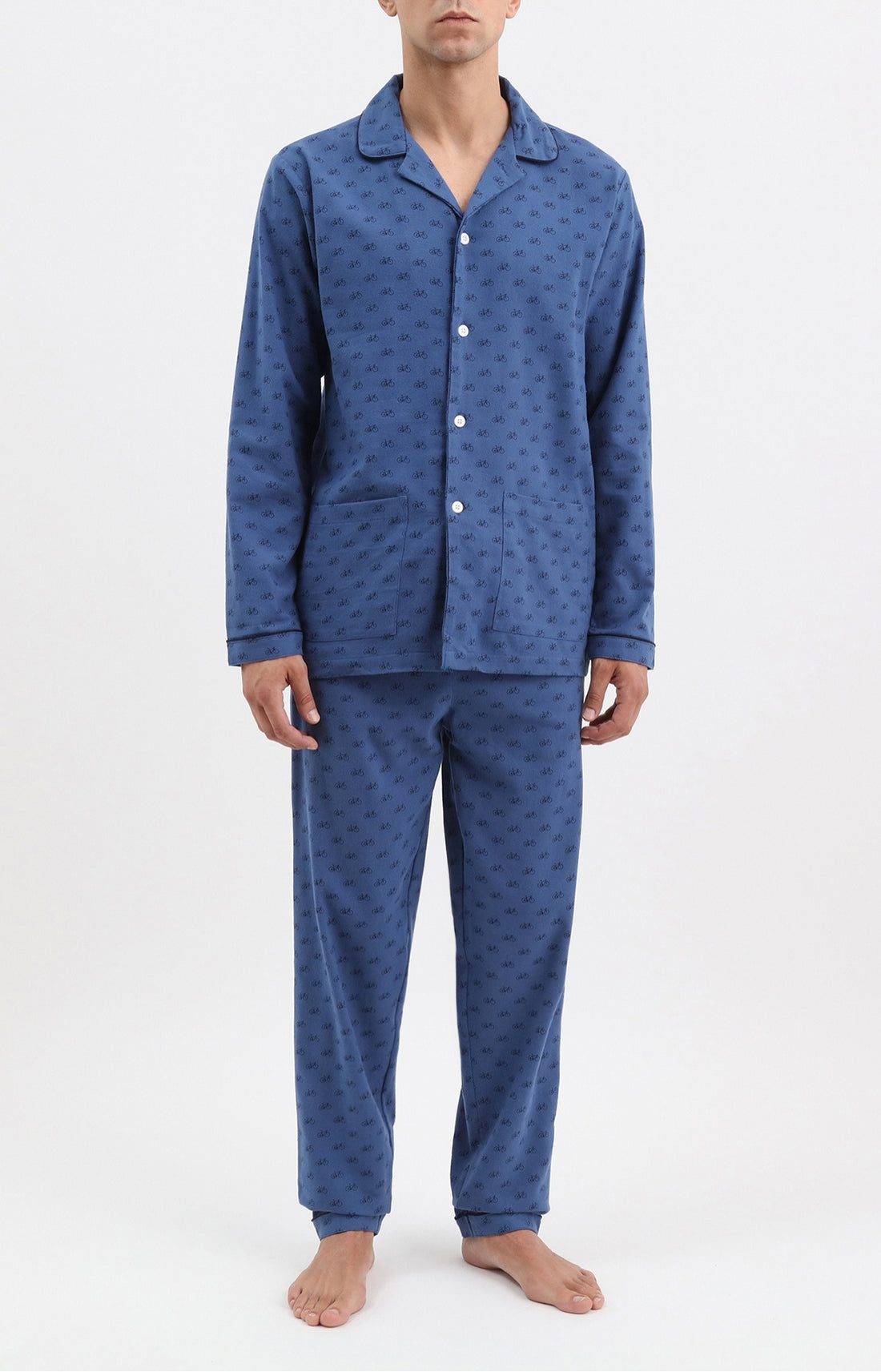 Pyjama long boutonné homme bleu motif vélo 1