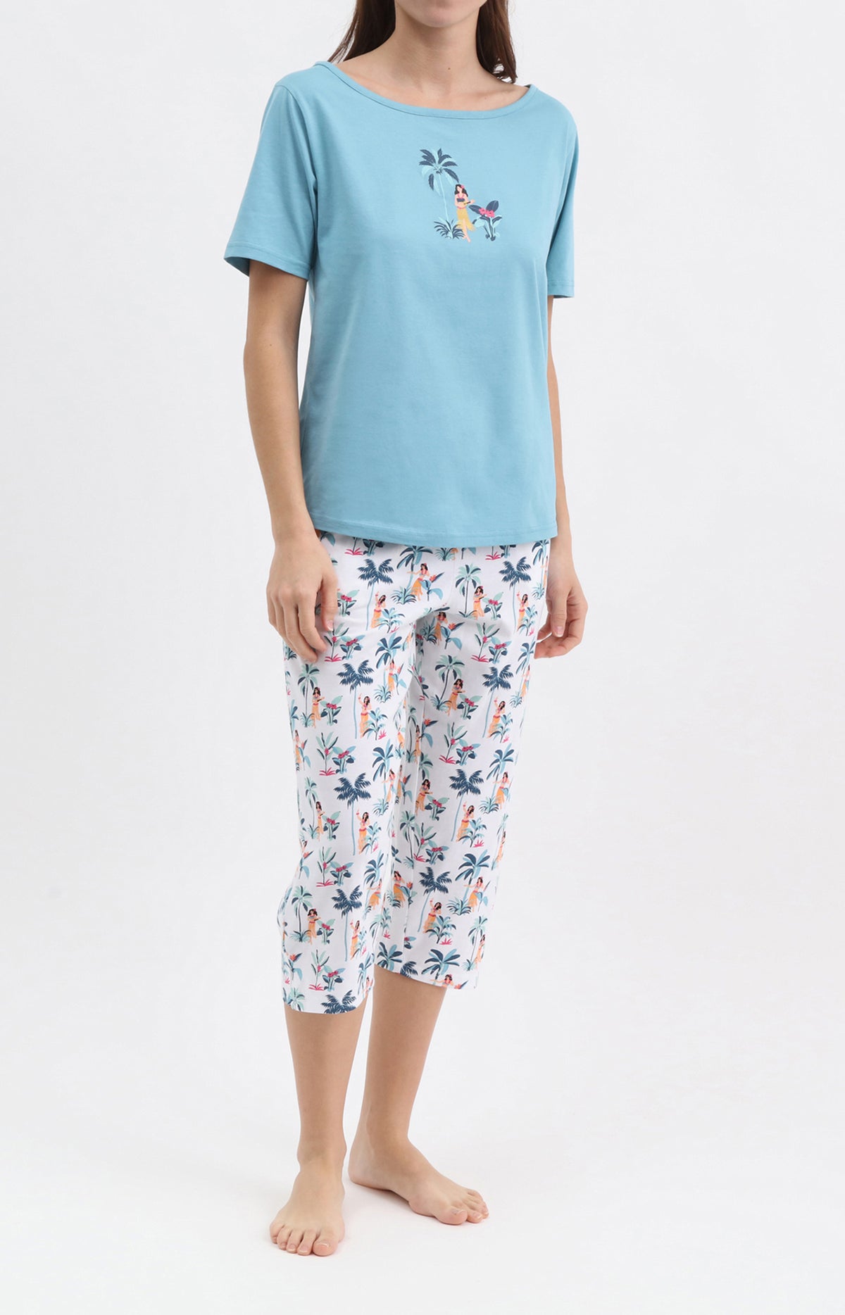 Pyjama Femme Tahiti Imprimé danseuses hawaiiennes et palmiers 1