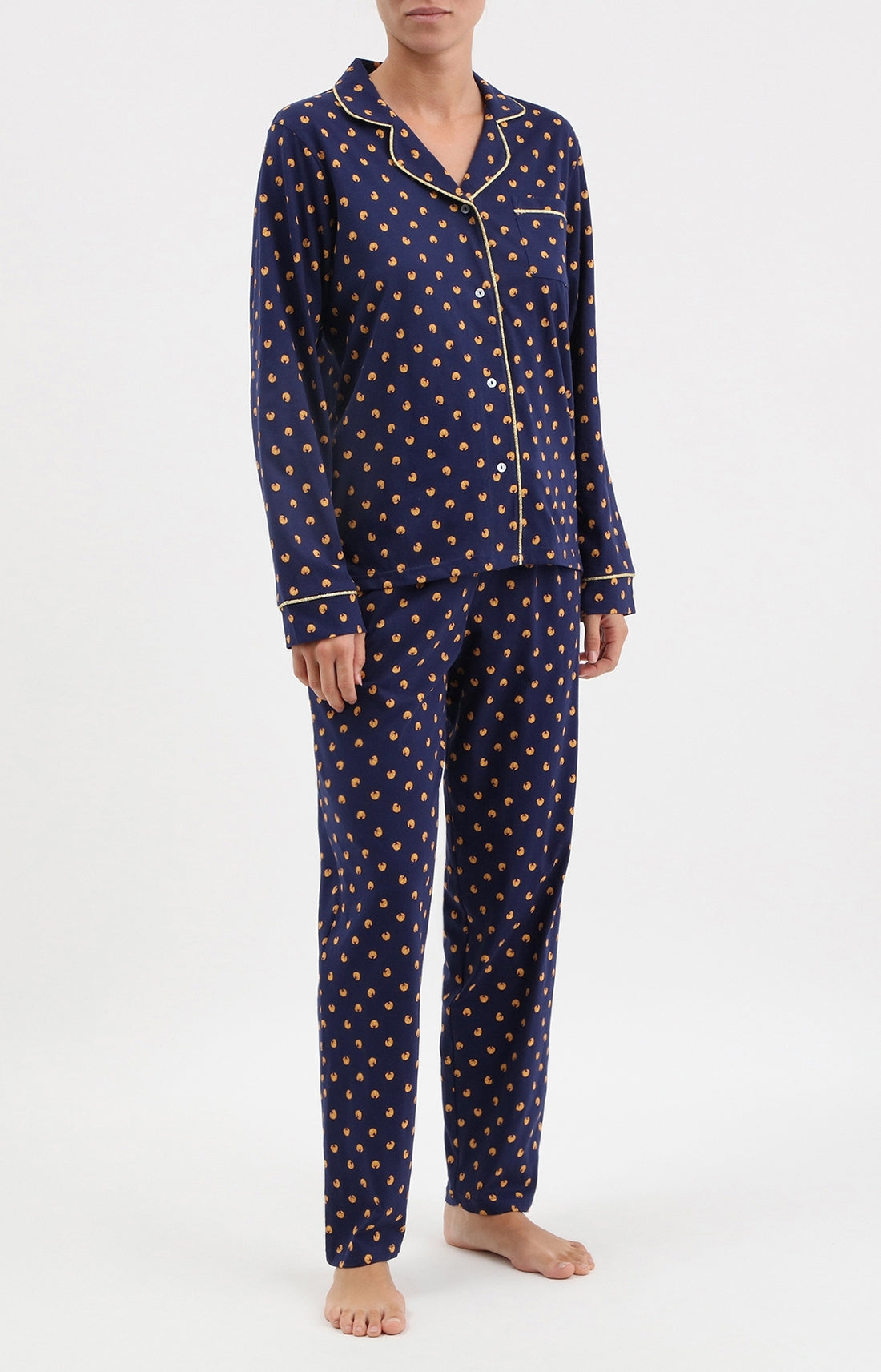 Pyjama boutonné long femme bleu marine croissant 1
